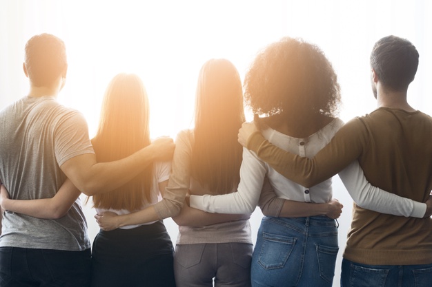 Back view community of young people united 