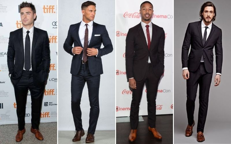 black suit and brown shoes for men