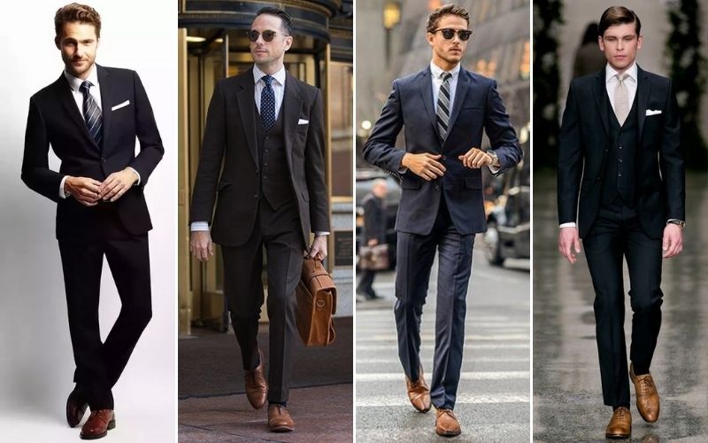 black suit and brown shoes for men