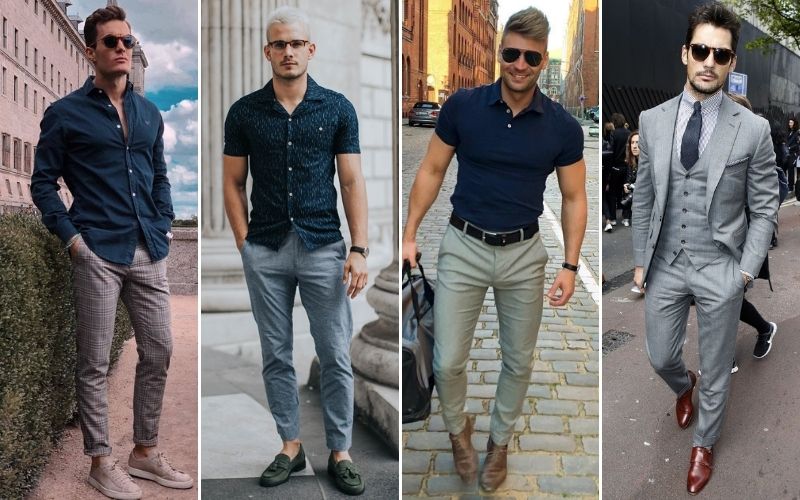 blue shirt and grey pants fashion