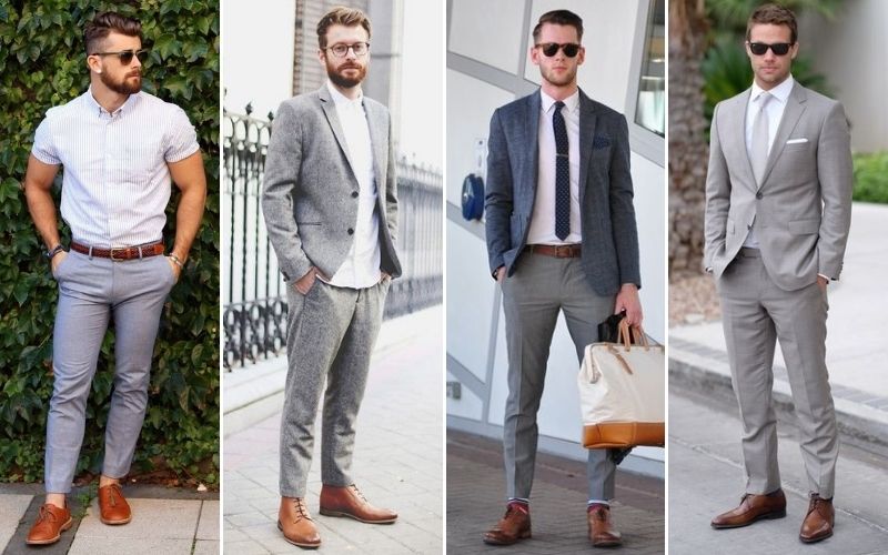 grey pants and brown shoes fashion