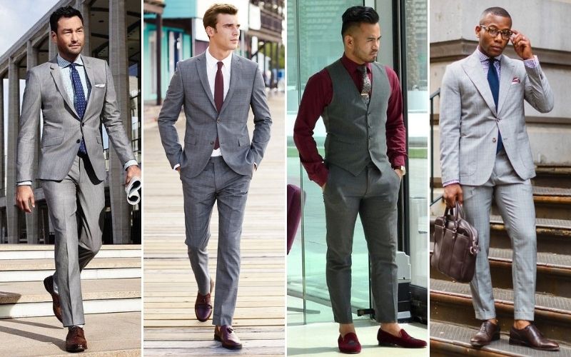 burgundy shoes and grey pants for men