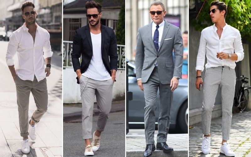 white shirt and grey pants for men