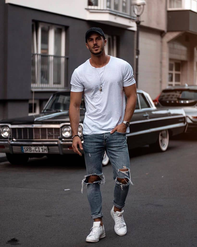 classic white shirt and ripped jeans