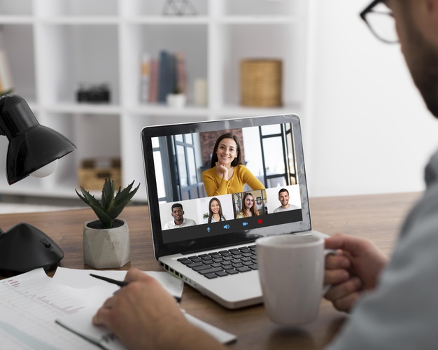 Team meeting online conference call on laptop 