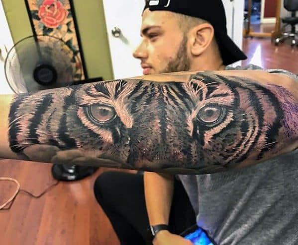 forearm-sleeve-guys-tattoos-with-tiger-eyes-design