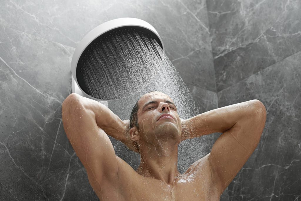 men taking a shower