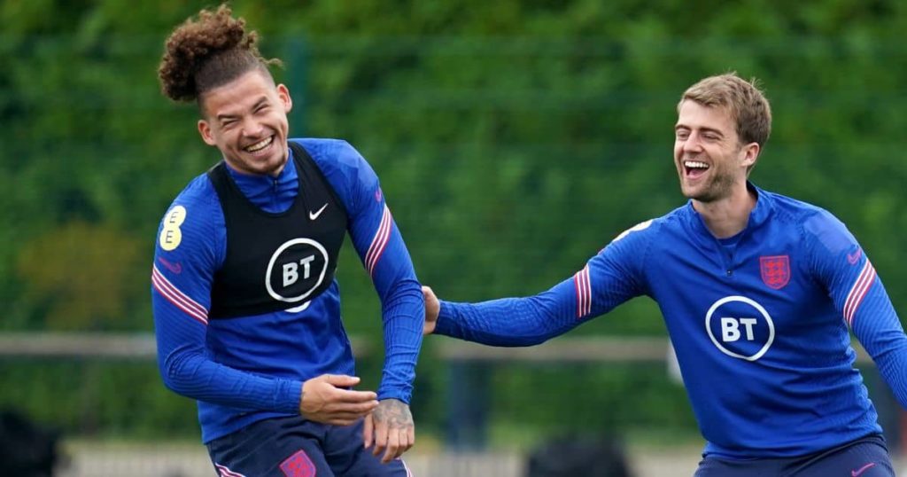 Kalvin-Phillips-and-Patrick-Bamford-laughing-during-England-training