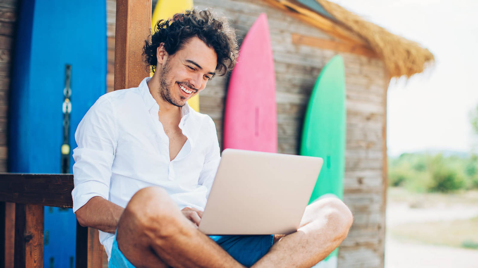 Man Smiling Working Using Computer Laptop 
