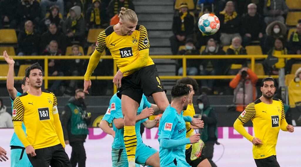 Erling Haaland appears to defy GRAVITY as he hangs in the air Ronaldo-style then nods home in Borussia Dortmund's 3-0 win over Bundesliga strugglers Greuther Furth 