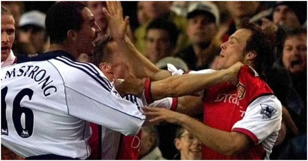 Arsenal's Frederik Ljunberg scuffles with Tottenham Hotspur's Chris Armstrong in 1999
