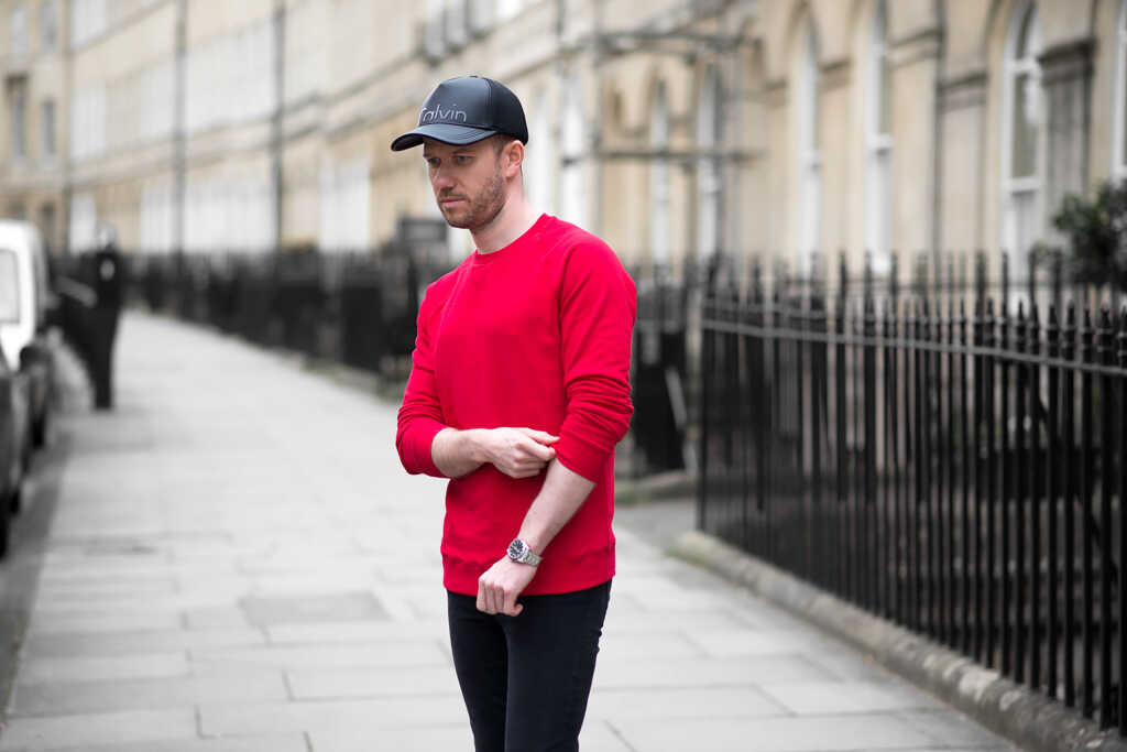 Mens-Fashion-Blog-Tom-Cridland-Red-Sweater-Calvin-Klein-Baseball-Cap