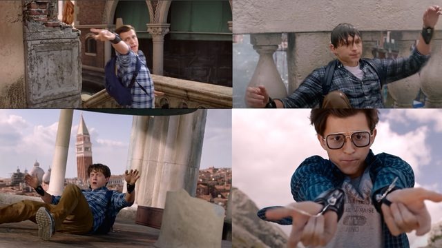  when Peter is using his web-shooters in regular clothing, the triggers in his palms don't show up when he uses them but do when he jumps out of the bus.
